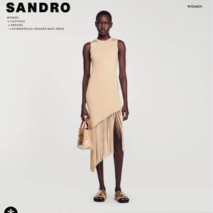 SANDRO ASYMMETRICAL FRINGED MAXI DRESS
